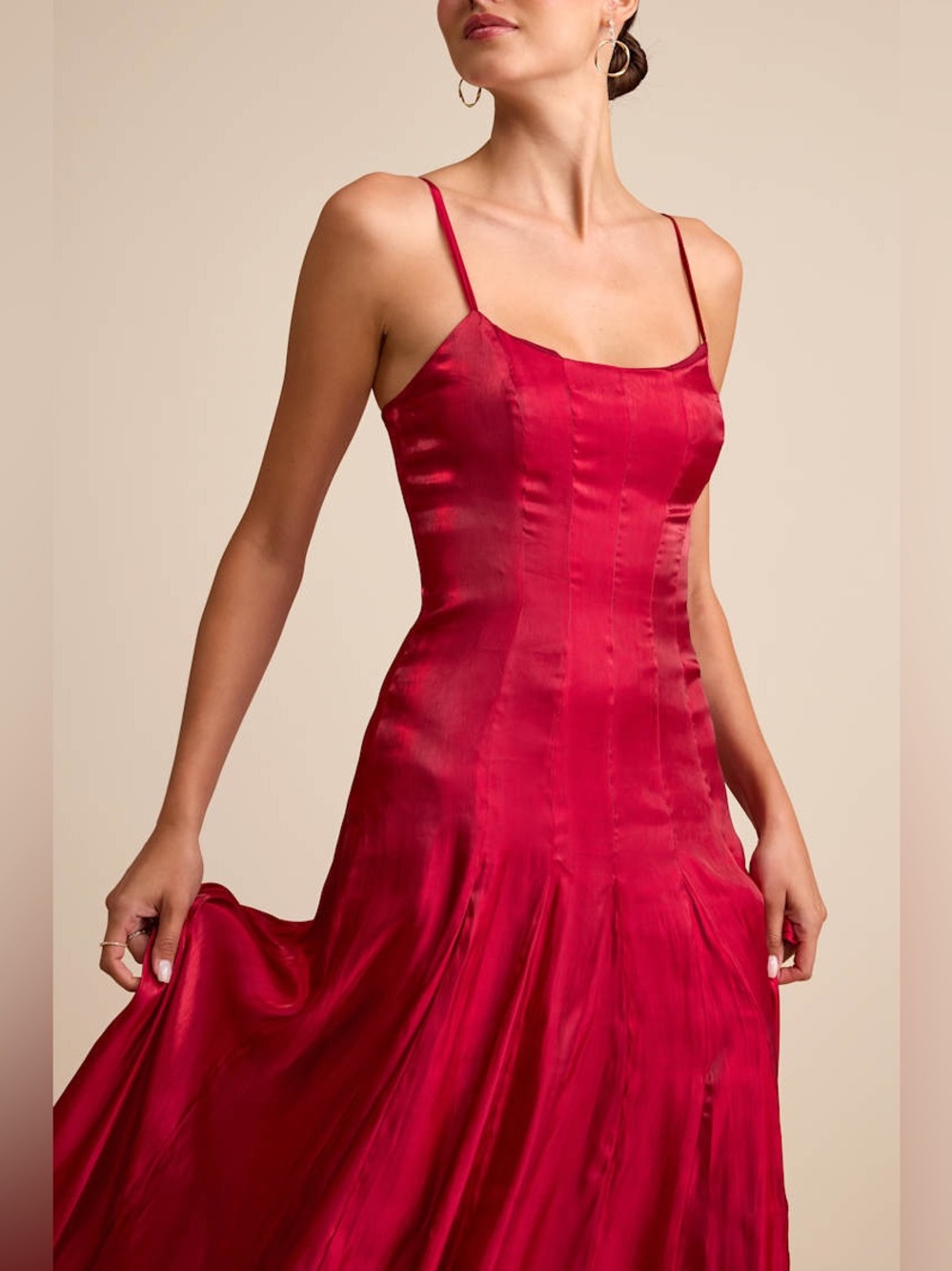 LULUS Pleated Satin Organza Drop Waist Cherry Red Y2K Wedding Guest Dress M - Picture 2 of 8